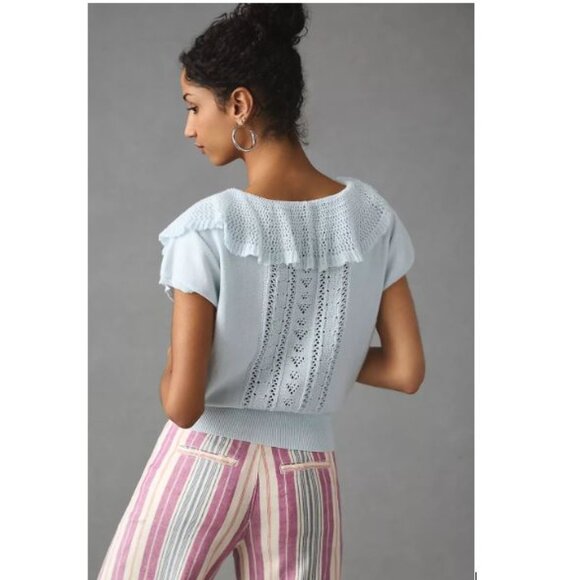 By Anthropologie Short-Sleeve Pointelle Sweater in Mint – Size Small - Picture 2 of 8